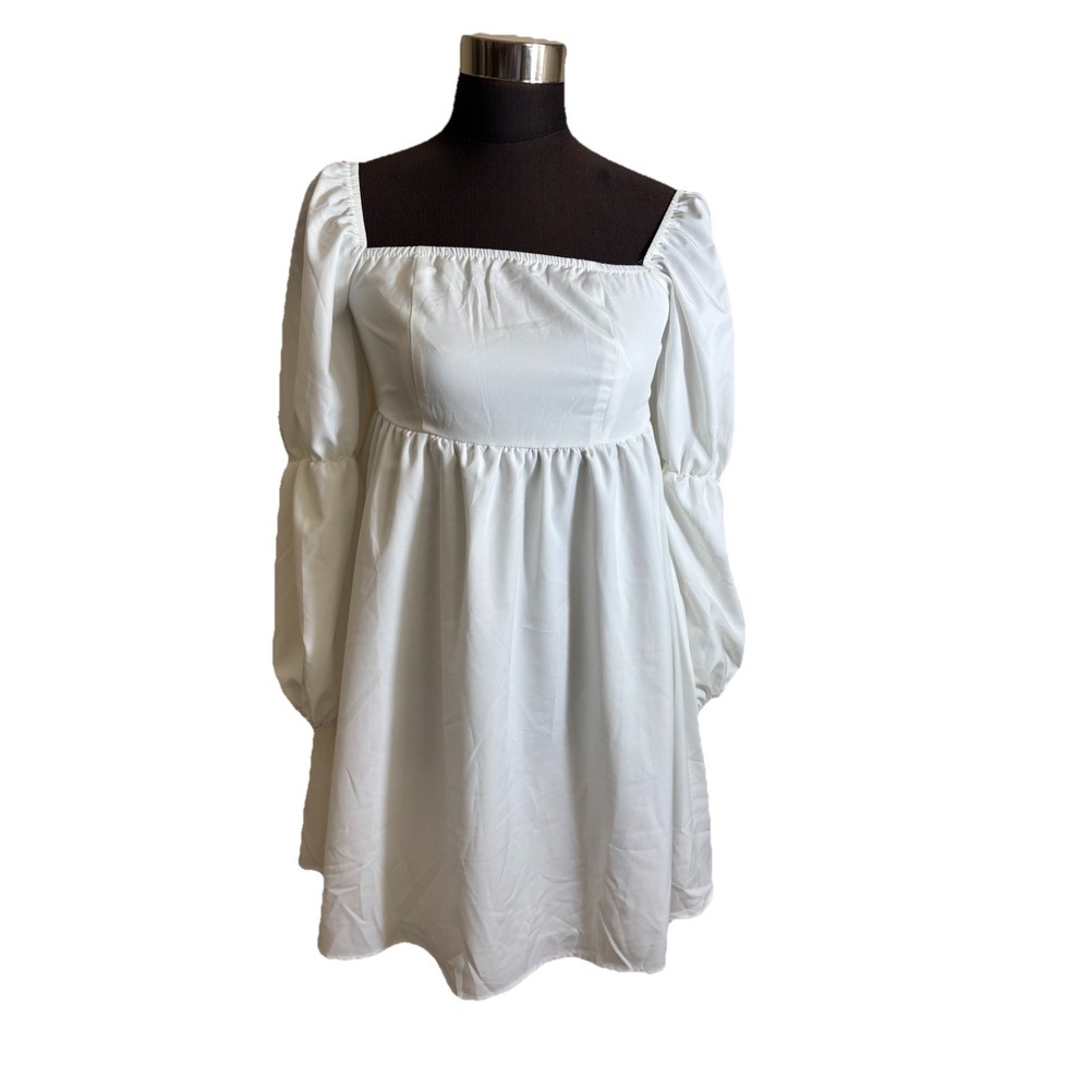 White Peasant Style Boho Balloon Sleeve Knee Length Babydoll Dress Size M, NWT